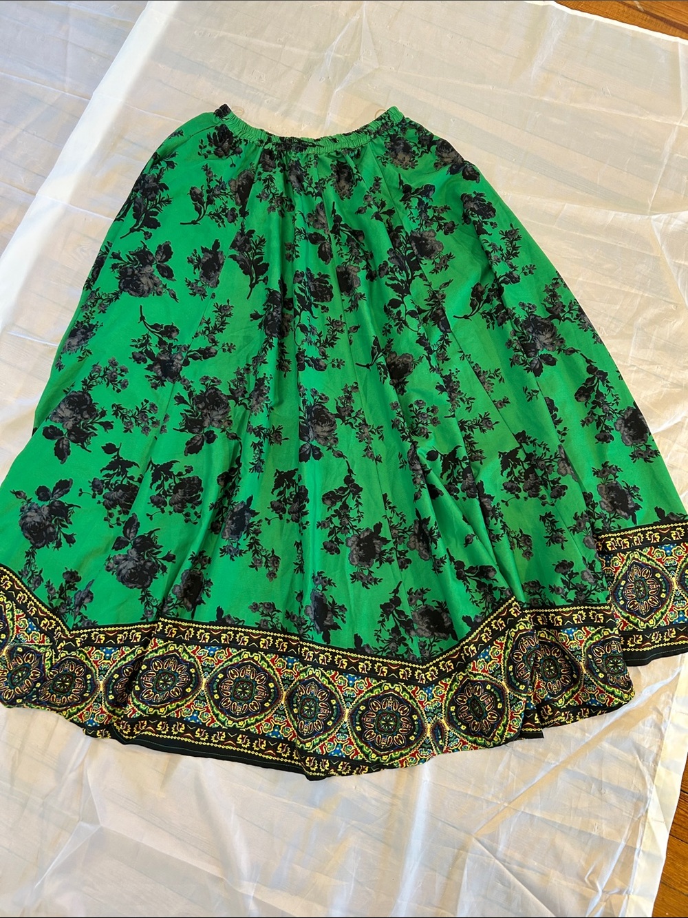 Green Floral Skirt with Decorative Border - Women's Circle Skirt